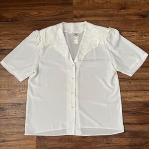 Vintage White 90s Blouse‎ Floral Embroidery Women 14 Boho Cottagecore Coastal